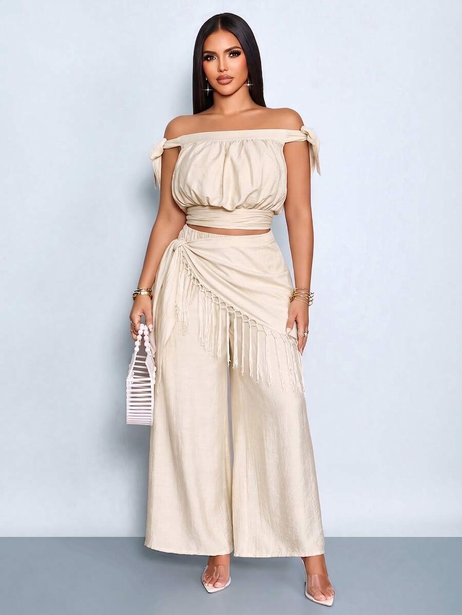 SOLERSUN 女士时尚优雅露肩蝴蝶结短款上衣，褶皱泡泡后背无袖休闲衬衫，女士后背褶皱无袖短款上衣，适合休闲夏季和度假穿着 - 杏色 - 查看 1