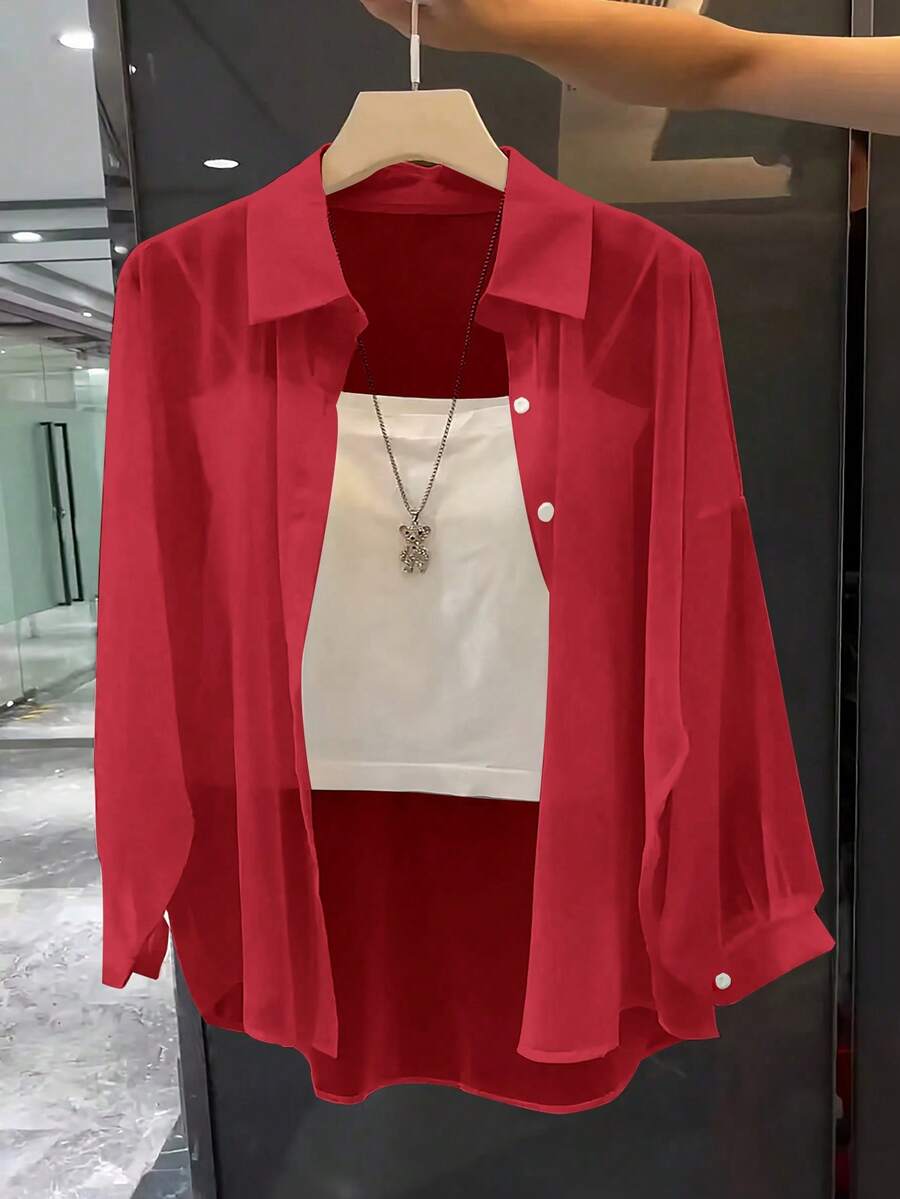 Franclia Basic Style Transparent Solid-Color Collared Shirt For New Year Clothes Fall Cloth For Women - Red - View 1