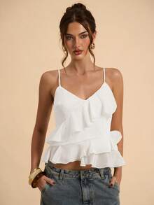 SHEIN BAE Áo hai dây bằng vải satin chiffon màu mơ, kiểu dáng bất đối xứng, viền bèo nhún, thích hợp cho nữ, trang phục xuân hè, bộ sưu tập xuân hè, mùa tựu trường, mùa tốt nghiệp, màu trắng tinh khiết, trang phục dự tiệc cưới, áo bèo nhún thanh lịch tối giản, kỳ nghỉ biển, trang phục dự tiệc cưới, áo chiffon mềm mại, bay bổng. - trắng - Xem 7