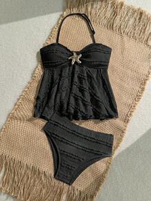 SHEIN Tween Girl/Tween Girls Jacquard Knit Black Halter Ruffle Tankini Swimwear Set - Black - View 3