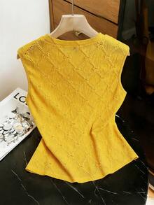 GlowEve Women's Summer Casual Vacation Solid Color Jacquard Decor Front Button Tank Top - Ginger - View 2