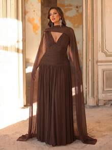 Aureia Plus Size Elegant Shiny Mesh V-Neck Ruched A-Line Dress With Detachable Neck Strap,Brown Winter Dinner Evening Luxury Gowns For Women Wedding Party - Brown - View 7
