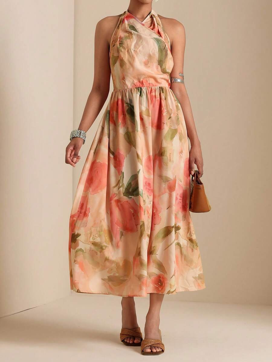 Vesra Women's Printed Dress With Halter, Suitable For Vacation - Multicolor - View 1