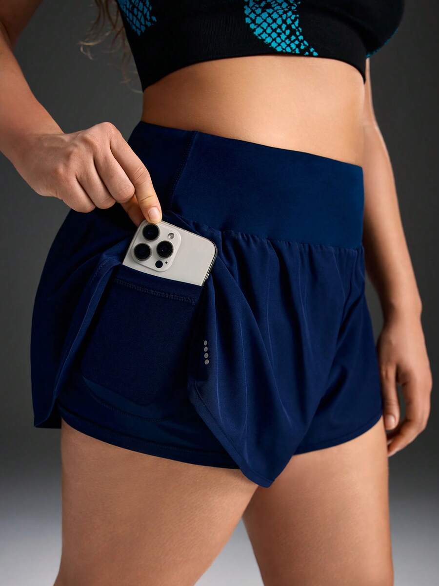 Powerista Plus Size Women's Navy Blue Athletic Running Shorts With Phone Pocket,Midsize Summer Casual Gym Yoga Sports Fitness Everyday Wear Shorts