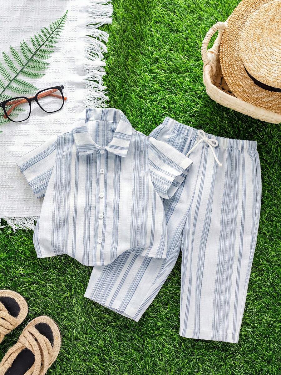 SHEIN 2pcs Young Boys' Casual Comfortable Versatile Vertical Striped Short Sleeve Shirt And Straight Leg Pants Set - Dusty Blue - View 1