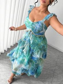 Vestido de verano elegante de talla grande con estampado de teñido anudado y volantes en el bajo - Verde - Ver 6