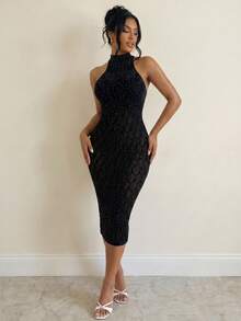 Sirith 2026 New High Stretch Black Mid-Length Rhinestone Embellished Dress For Women - Black - View 5