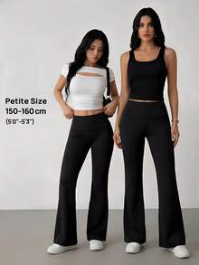 SHEIN PETITE Quần ống loe cạp rộng màu trơn tối giản cho nữ - màu đen - Xem 8