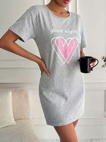 100%Cotton Slogan Graphic& Heart Print Nightdress - Light Grey - View 4