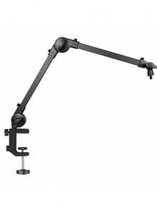 Black Foldable Desktop Single Arm Ring Light Microphone Stand Combo 2 In 1 Adjustable Height Mic Boom Arm For Phone Live Streaming Gaming Podcast Video Recording Supplies - Black - View 7