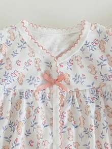 Pelele de verano para bebé niña recién nacida con estampado de conejo y flores y diadema rosa, mono elegante y lindo con piecitos para bebé - Rosa Pálido - Ver 3