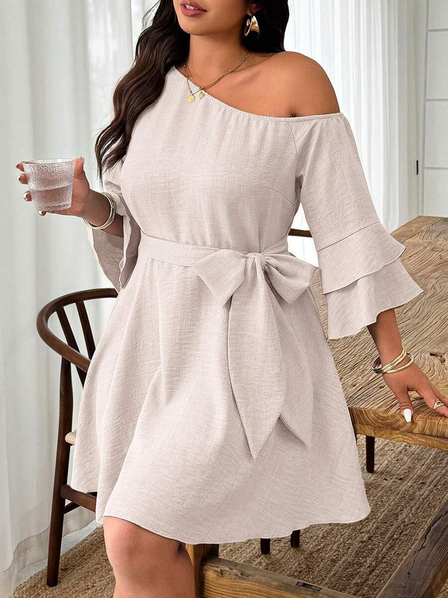 Weeklong Blue Asymmetrical Shoulder Ruffle Sleeve A-Line Casual Dress - Apricot - View 1