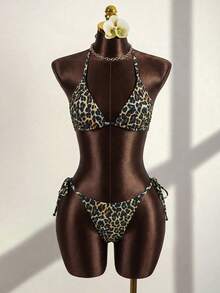 SHEIN Swim Conjunto de 4 piezas de bikini de mujer para vacaciones de verano en la playa, con estampado de leopardo, escote halter, hombros con lazos y espalda descubierta con cordón - Multicolor - Ver 6
