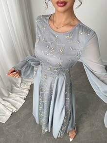 Modelyn 女士网纱刺绣雪纺拼接长袖连衣裙 - 灰藍色 - 查看 2