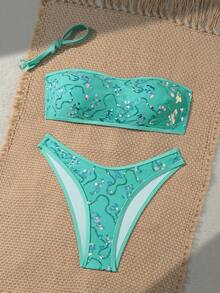 Costavie Swim SXY 两件套花卉亮片纹理抹胸比基尼套装，女士性感泳装，春夏款 - 薄荷藍 - 查看 5