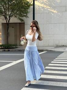 Serisse Women's Vacation Striped Fashionable Versatile Zipper Skirt - Blue and White - View 5