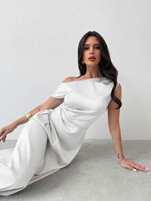 YkhahaFirerie Vestido elegante asimétrico de hombro con pliegues y bajo de cola de sirena en color verde, adecuado para citas, vacaciones, bodas, eventos, regreso a la escuela, graduación, vestido de dama de honor formalYkhaha - Blanco - Ver 7