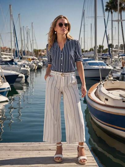 Balvessa Casual Nautical Striped V-Neck Short Sleeve Shirt, Navy Blue, Suitable For Commuting, Leisure And Daily Wear In Spring, Summer And Autumn