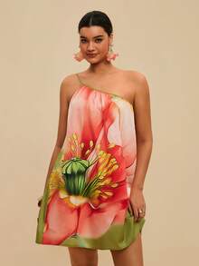 Travachic Đầm hè cỡ lớn in hoa, cổ lệch vai, không tay. - màu xanh lá - Xem 7