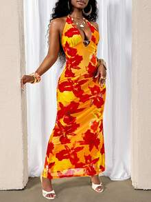 Glyssa Women's Summer Beach Vacation Red And Yellow Mesh Floral Print Bodycon Sexy Tropical Backless Dress For Party Caribbean Outfits For Women - Orange - View 4