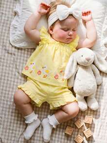 Cozy Pixies Baby Girl Floral Print Square Neck Ruffle Sleeveless Top And Elastic Waist Shorts 2-Piece Set - Yellow - View 8