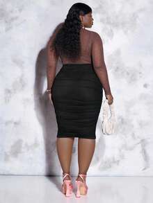 Plus High Waist Ruched Pencil Skirt, For Hourglass Body Shape - Black - View 3
