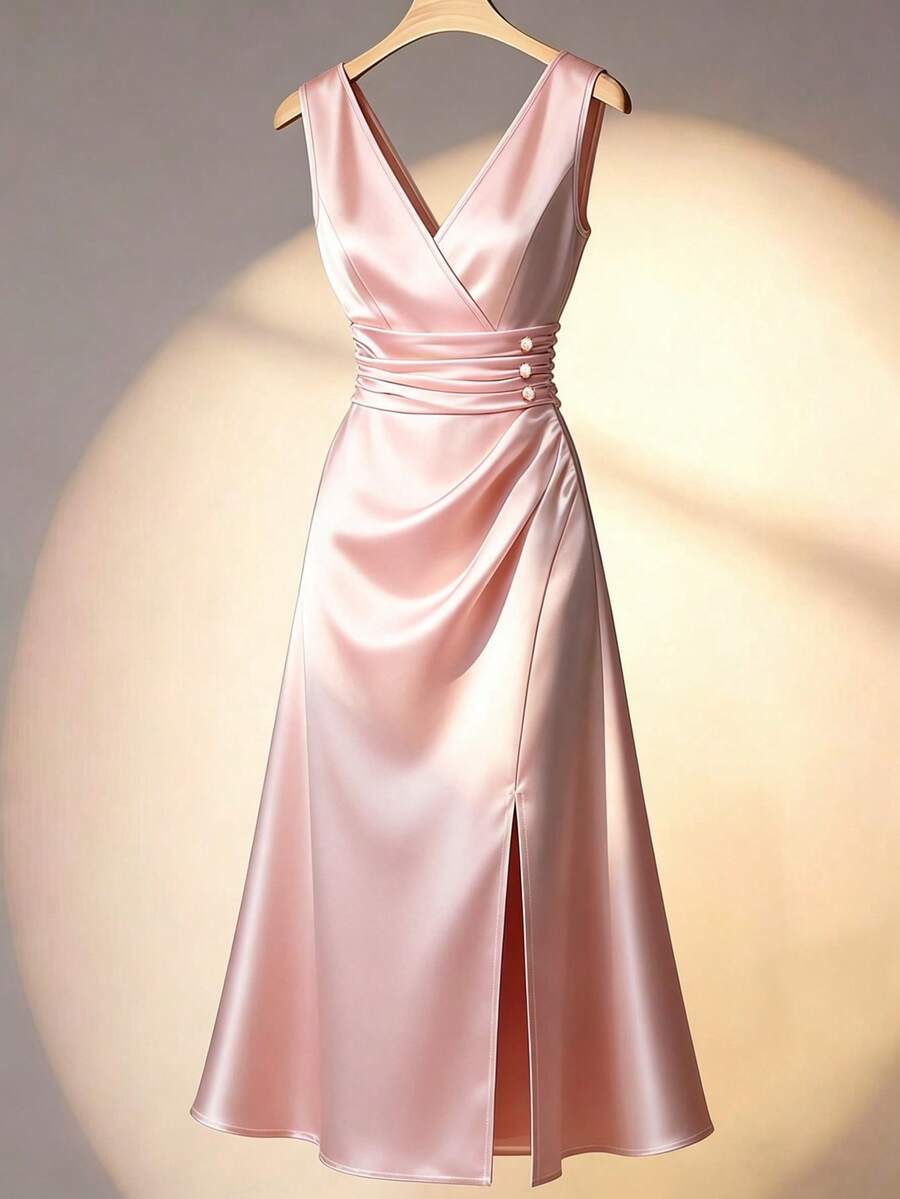 Franclia Cream White Satin Sleeveless V-Neck Ruched Waist Side Slit Maxi Elegant Dress, High-End Quality For Formal Occasions And Dates - Pink - View 1