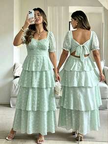Vionelle Vestido elegante de vacaciones con cuello cuadrado, lazo, espalda descubierta, volantes en capas y mangas con pétalos para tallas grandes - Verde - Ver 3