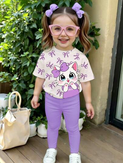 2pcs/Set Baby Girls' Casual Fashionable Versatile Spring/Summer T-Shirt & Leggings Set, Cream White & Cream Purple, Purple Bow, Cute Cat Animal Print, Loose Round Neck Short Sleeve Tee And Purple Leggings, Spring & Summer Outfit, Kids Pants And Top Set
