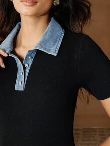 Anewsta Đầm dài cổ polo bằng vải denim dệt kim phối nhiều mảnh dành cho nữ, đầm ôm dáng. - màu đen - Xem 5