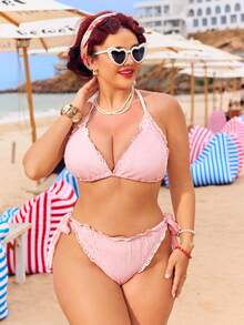 Swim Mod 浅粉色钩针比基尼套装，深V领露背设计，荷叶边系带泳裤，甜美风格度假泳装 - 粉色 - 查看 5