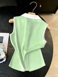 GlowEve 女士撞色翻领单排扣刺绣休闲背心 - 綠色 - 查看 2