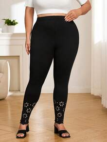 SHEIN CURVE+ 大码女式黑色镂空紧身打底裤 - 黑色 - 查看 4