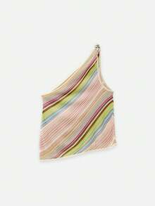 Nöista Asymmetric One-Shoulder Knit Top With Diagonal Multicolor Stripe Pattern. Summer, Spring, Festival - Multicolor - View 8