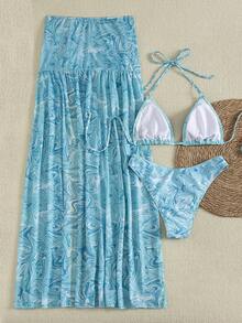 Bộ bikini 3 mảnh gợi cảm màu xanh dương và trắng nhuộm tie-dye mùa xuân/hè mới về, váy maxi xẻ tà, đồ bơi đi nghỉ mát - Nhiều màu - Xem 2