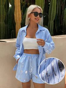 DAZY Vacation Style Striped Silver Foil Floral Pattern Loose Shirt Pajama Set For Women - Blue - View 3