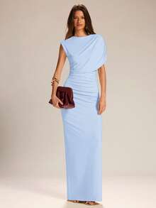 SHEIN BAE Đầm suông ôm sát màu mơ trơn, cổ lệch bất đối xứng, thanh lịch, màu mơ trơn, đầm dự tiệc cưới, đầm hẹn hò, đầm mặc hàng ngày, đầm duyên dáng. - Màu xanh nhạt - Xem 1
