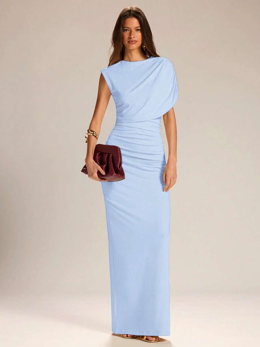 SHEIN BAE Đầm suông ôm sát màu mơ trơn, cổ lệch bất đối xứng, thanh lịch, màu mơ trơn, đầm dự tiệc cưới, đầm hẹn hò, đầm mặc hàng ngày, đầm duyên dáng. - Màu xanh nhạt - Xem 1
