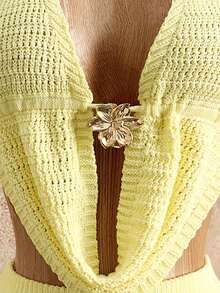 Mistrie Women's Pale Yellow Summer Casual Tropical Vacation Holiday Outfit, Halter Tie Backless Metal Decor Top Split Hem Skirt, Solid Color 2-Piece Set - Apricot - View 4