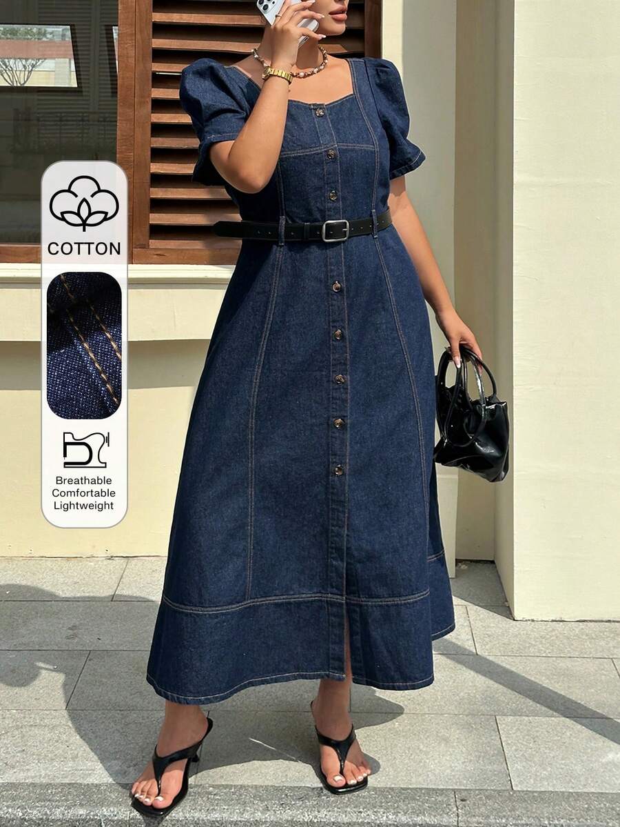 Dazy Plus 深蓝色方领花瓣袖修身牛仔长裙，春夏女式连衣裙 - 深色水洗藍 - 查看 1