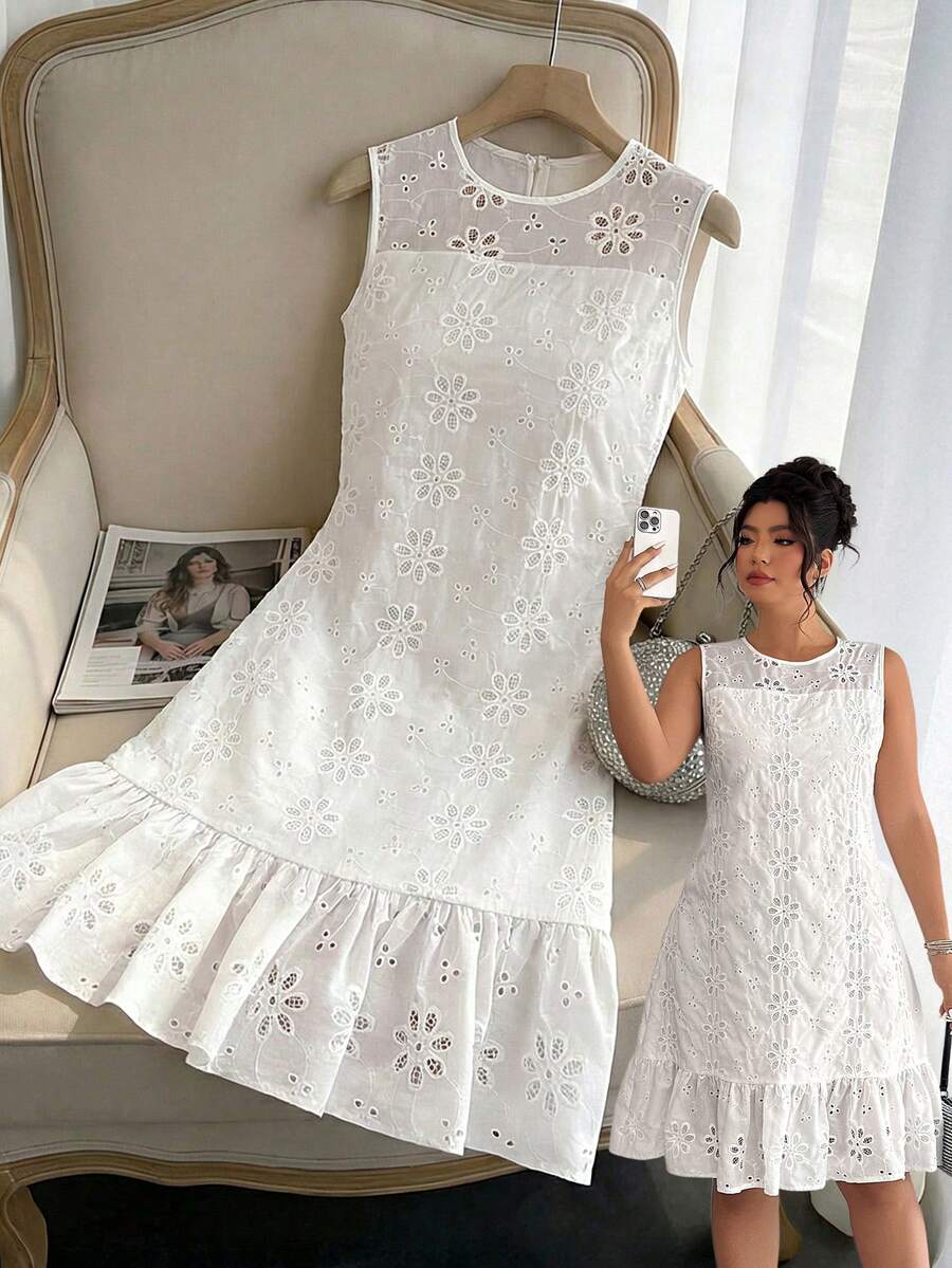 Cravure Plus Size Women's Spring/Summer Woven Embroidered Hollow-Out Double Ruffle Hem Dress Elegant - White - View 1