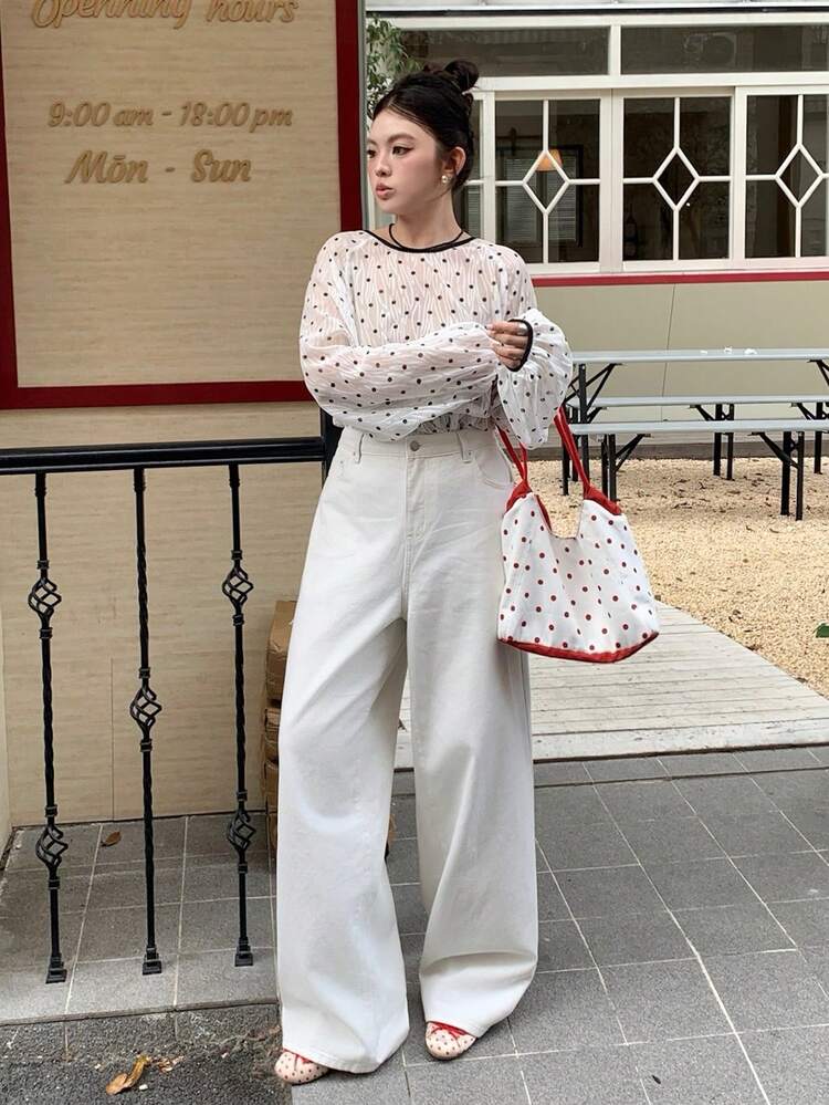 Dazy Plus Loose Embroidered Korean Style Washed White Long Jeans, Versatile All-Season Plus Size For Women