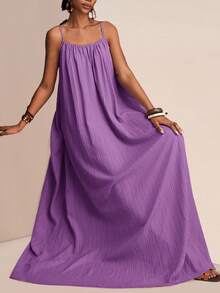 Slaydiva Plus Size Casual Solid Color Maxi Slip Dress,Sundress,Summer Dresses For Women - Purple - View 5