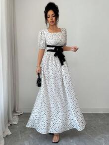 Elenzga Vestido maxi de manga abullonada con cuello cuadrado, cintura con lazo y falda en línea A, de lino con estampado floral minimalista y elegante, ideal para uso casual, vacaciones, fiestas en la playa y eventos formales - Albaricoque - Ver 3