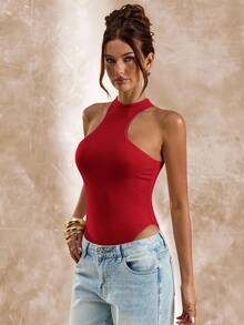 SHEIN BAE Bodysuit Tanpa Lengan Asimetris dengan Potongan Warna Aprikot, Bodysuit Ketat untuk Wanita, Musim Semi/Panas - Merah - View 4