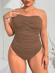 SHEIN Swim Curve 大码女式纯色吊带连体泳衣休闲度假装 - 棕色 - 查看 6