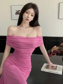 Modelyn Đầm cưới/đầm dự tiệc thanh lịch dành cho nữ, kiểu trễ vai, xếp ly ở eo. - Màu Hồng Tươi - Xem 4