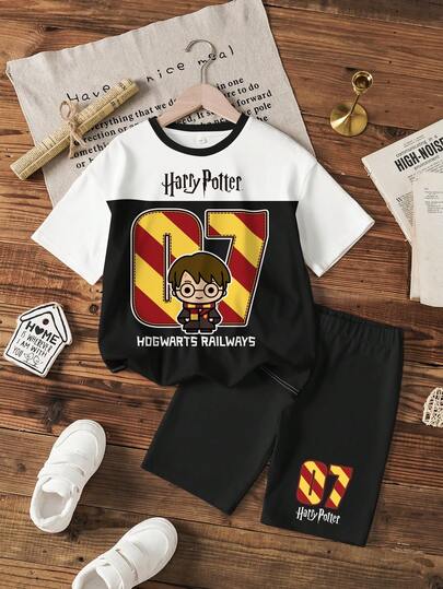 HARRY POTTER X SHEIN 少女圆领卡通字母印花短袖T恤和短裤休闲日常穿搭