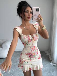 VaVaBold Đầm ôm sát không tay in hoa với viền bèo nhún - Màu vàng - Xem 4