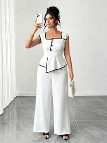 Blusa de tela de punto con cuello cuadrado, mangas de pétalo y cintura ceñida en talla para mujer, con ribete de contraste. Conjunto cómodo y versátil para uso diario, en casa - Blanco y Negro 2 - Ver 6